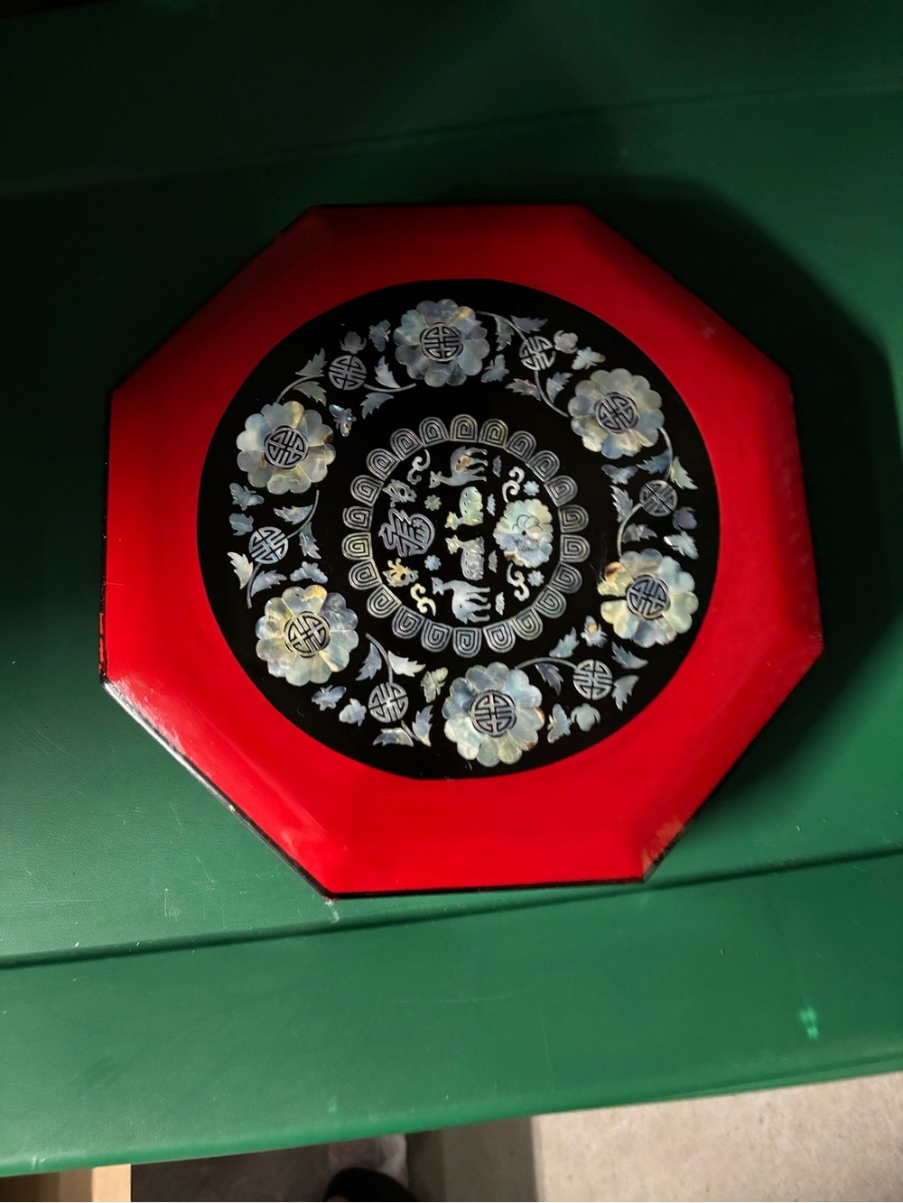 Red Octagonal Decorative Wall Plaque with Mother-of-Pearl Inlay